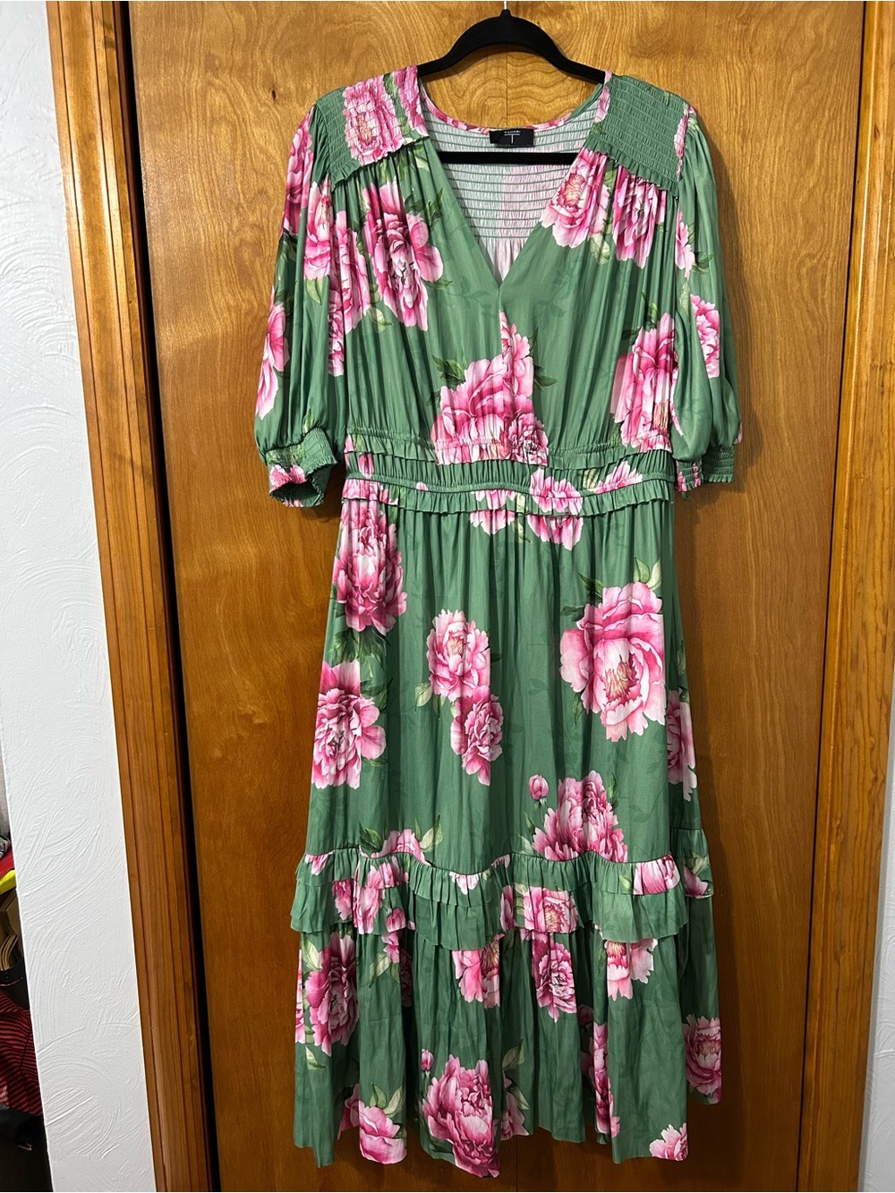 Tahari Green Maxi Dress with Pink Floral Print
